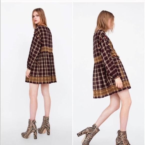 Zara Dresses & Skirts - Zara Plaid Tartan Embroidered Pom Pom Mini Dress in Red